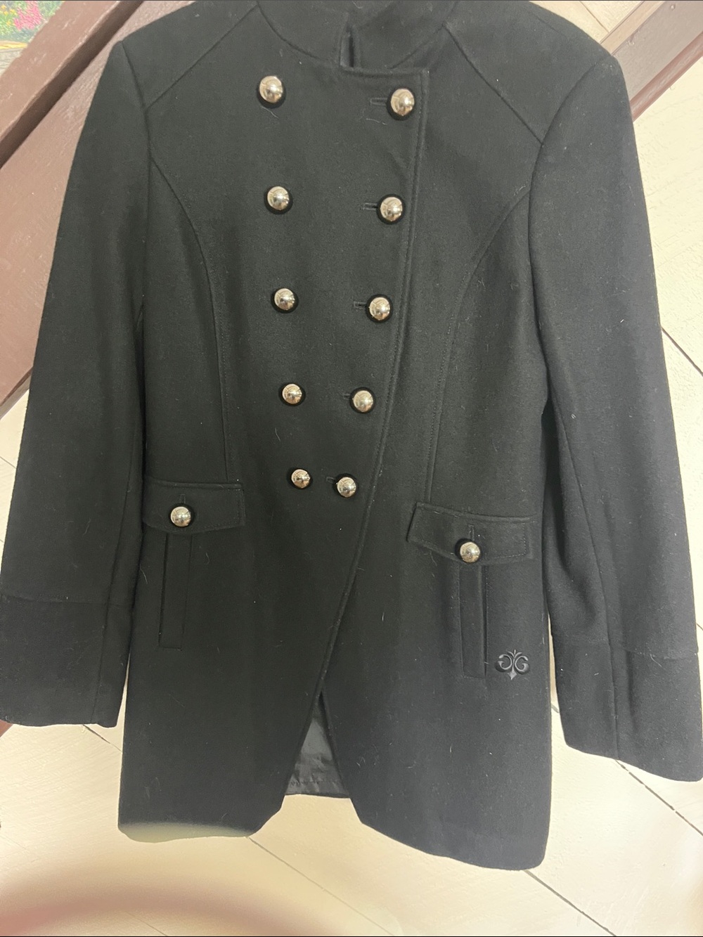 Dereon Black Double-Breasted Military Peacoat with Decorative Buttons